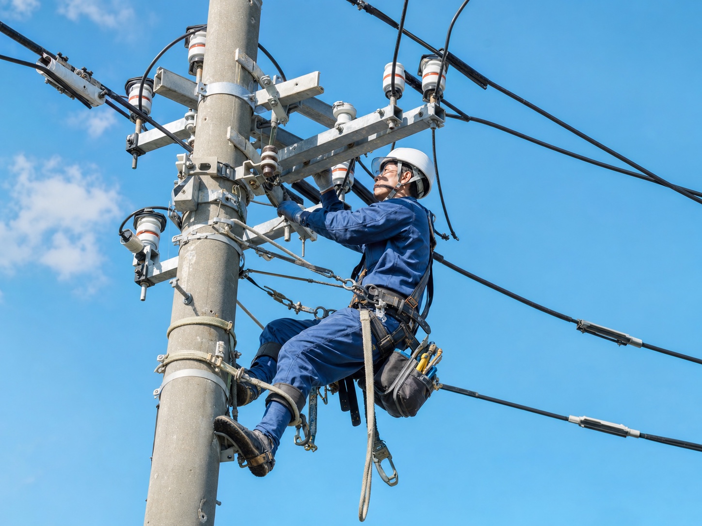 電柱の高所で配電作業をする電気工事士