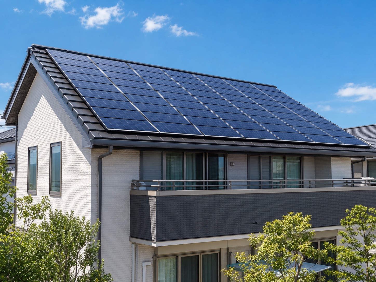 住宅の屋根に設置された太陽光発電パネル